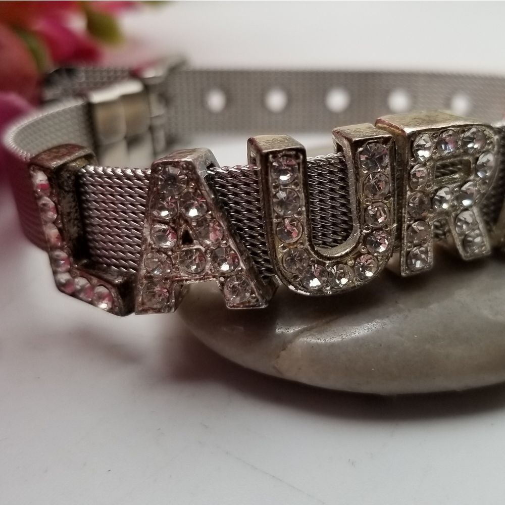Laura Aurora borealis rainbow sparkle bracelet monogram name jewelry. B331